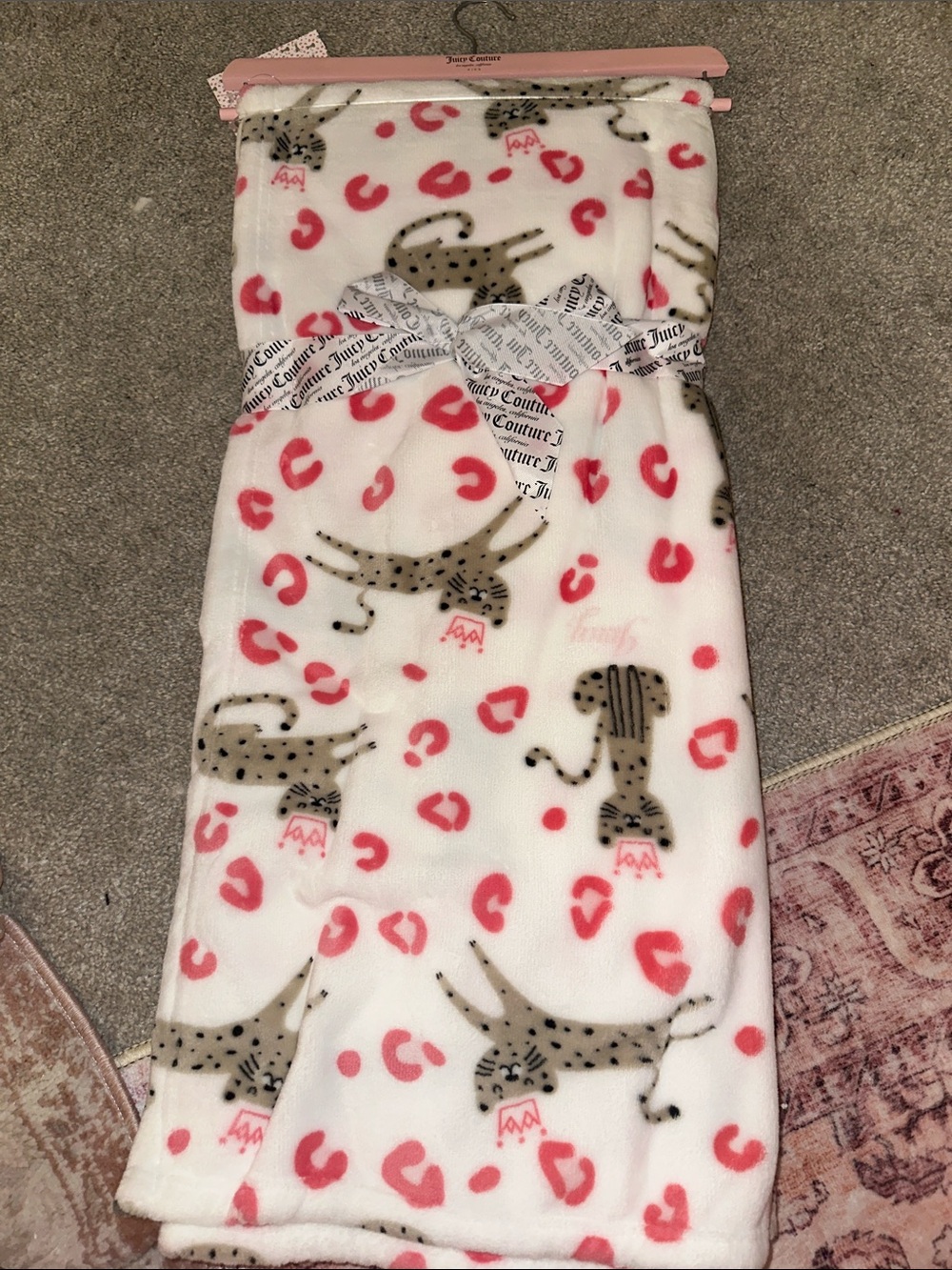 Juicy Couture White Fleece Throw with Pink Leopard & Tan Cheetah Motif